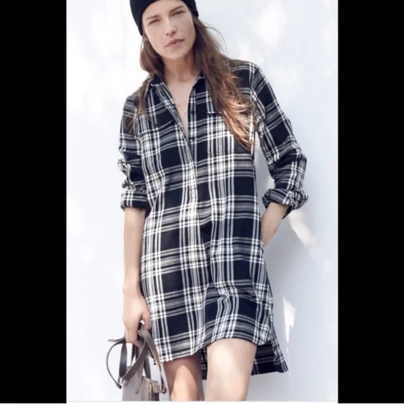 madewell plaid shirt dress Madewell Plaid V-Neck Ruffle Shirt Dress Size XL Blue Long Sleeve NWT F2